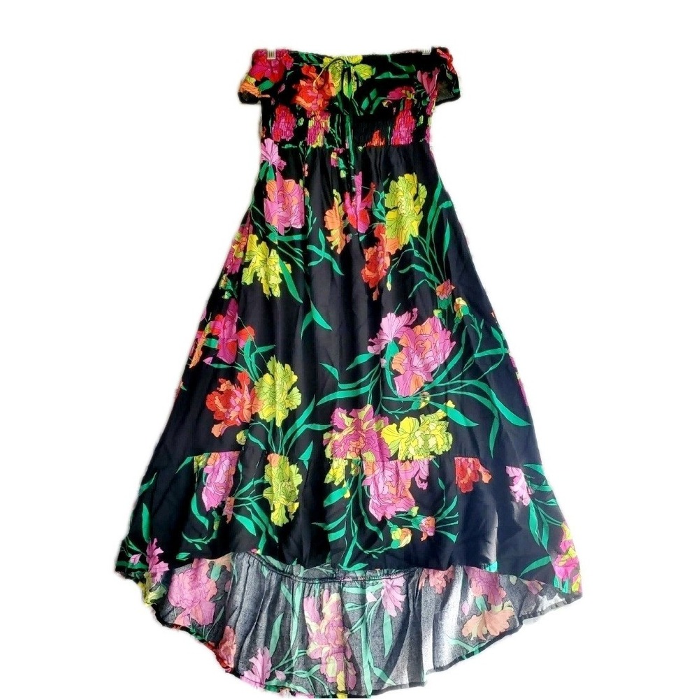 Pure Energy Tropical Floral Strapless Smocked High Low Maxi Dress Black Size L